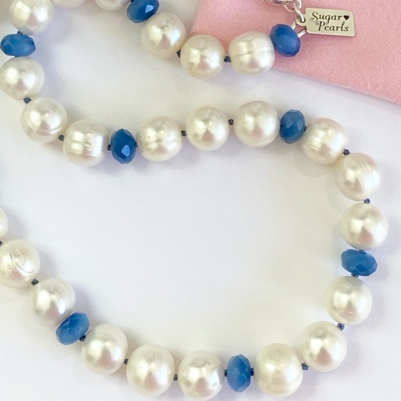 Freshwater Pearl & Blue Agate Necklace/Hand Knotted - Picture 4 of 5